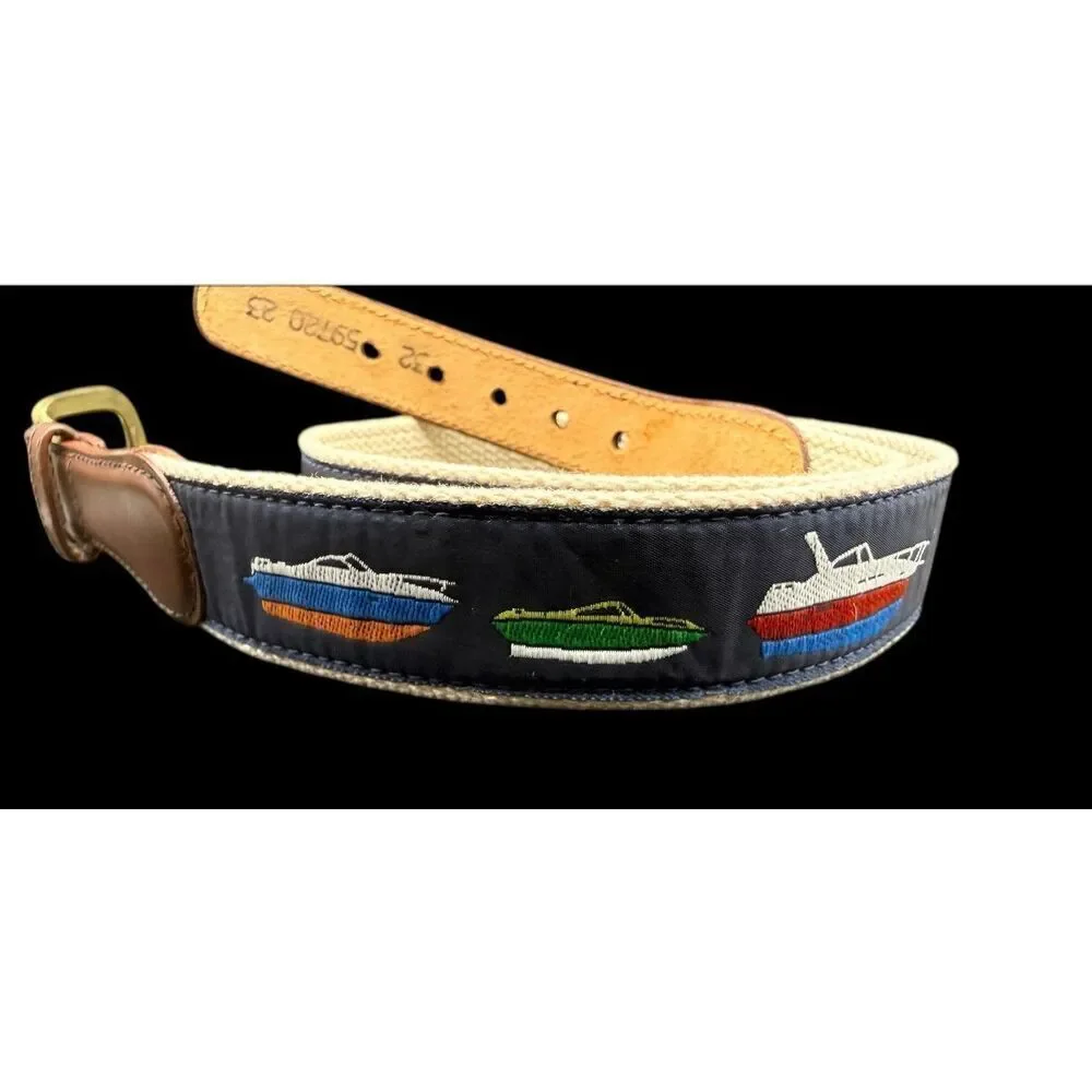 Canterbury Sz 32 Canvas Belt Blue Nautical Boats Leather Trim Solid Brass VTG